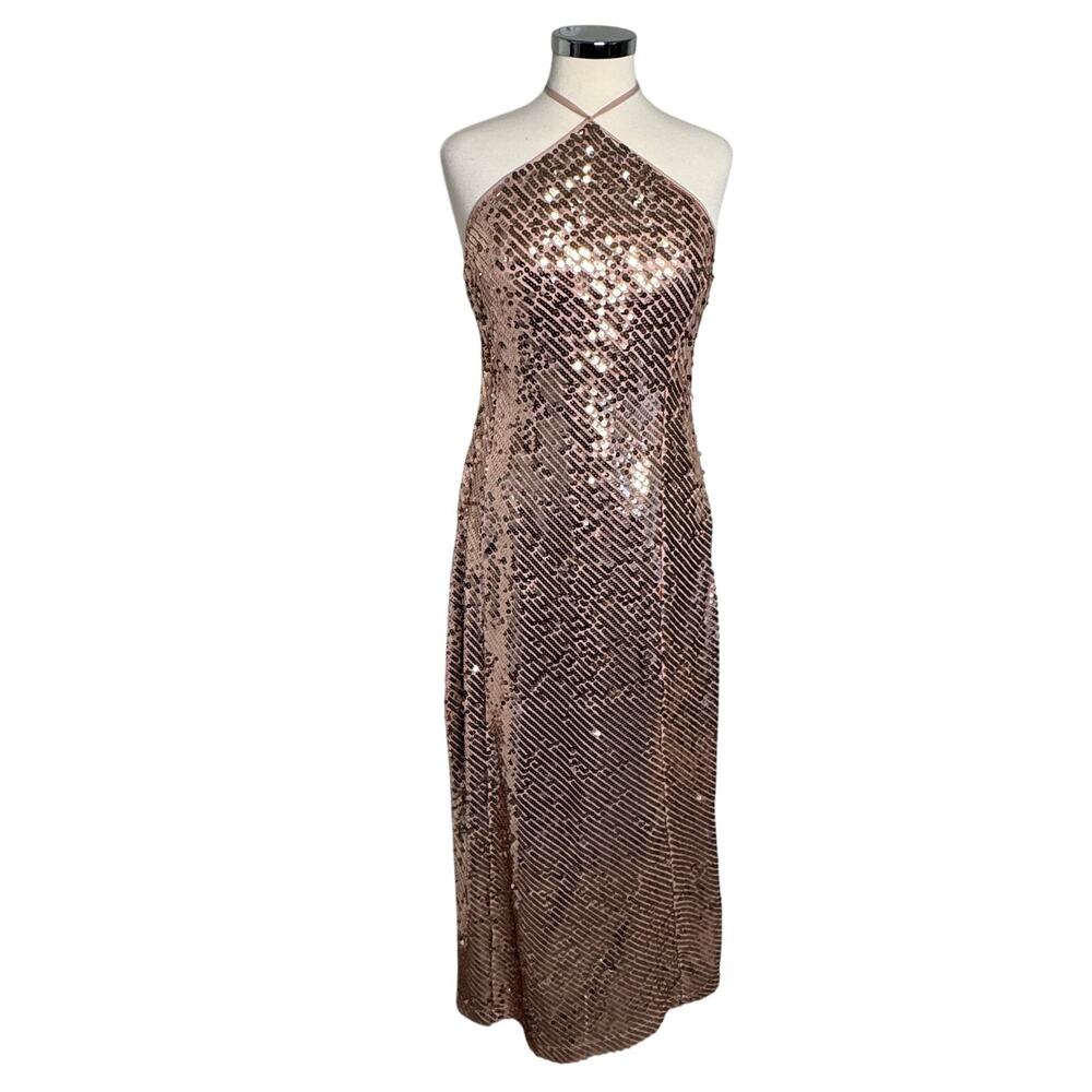 Karen Millen Liquid Sequin Woven Halter Party Dress Rose Gold - Size 10 (NWT!)